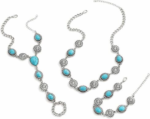 Bohemian Turquoise Bracelet for Women, Vintage Silver Chain Hand Boho Blue Bead Western Style Wrist Ring Gypsy Festival Jewelry Gift in Kuwait