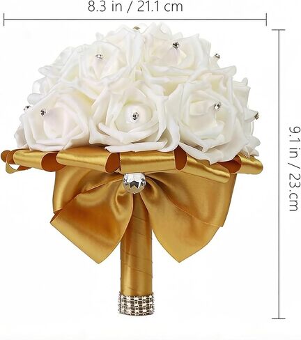 TRUE LOVE GIFT Wedding Bouquet 8 inches Bridesmaid Toss Bouquet Hand Made Artificial Rose Flowers Diamond Satin Bridal Bouquets for Wedding, Engagement Valentine's Day Decor (Gold) in Saudi Arabia
