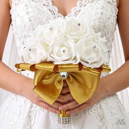 TRUE LOVE GIFT Wedding Bouquet 8 inches Bridesmaid Toss Bouquet Hand Made Artificial Rose Flowers Diamond Satin Bridal Bouquets for Wedding, Engagement Valentine's Day Decor (Gold) in Saudi Arabia