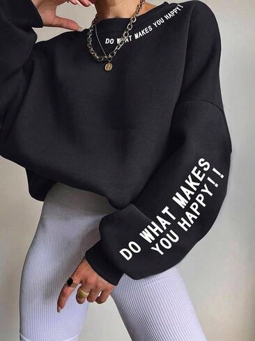 OYOANGLE Women's Oversized Letter Print Long Sleeve Fleece Sweatshirts Crewneck Loose Fit Pullover Shirts in Saudi Arabia