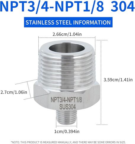 2 pack 3/4 to1/8male adapter,NPT3/4Male-NPT1/8Male nipple,Heavy-duty threaded pipe fitting, stainless steel304. in Kuwait