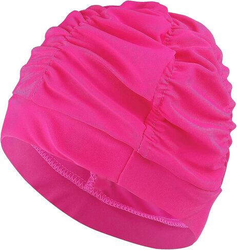 قبعات السباحة للنساء للسباحة، قبعة سباحة مطبوعة ملونة للنساء، قبعة سباحة كبيرة من قماش النايلون، قبعة استحمام مرنة مطوية غير مقاومة للماء للشعر الطويل والشعر المجعد السميك (قطعة واحدة-أحمر وردي) in Kuwait