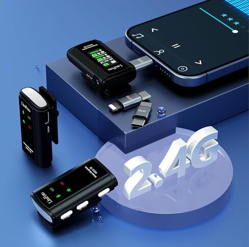 ميكروفون لافالير لاسلكي لأجهزة iPhone/Android/الكاميرا/الكمبيوتر الشخصي/الكمبيوتر المحمول مع قابس Lightning/USB-C/Plug، 48 كيلو هرتز، ميكروفون لإلغاء الضوضاء، بطارية 18 ساعة، يدعم تسجيل بطاقة ذاكرة سعة 32 جيجابايت لتسجيل الفيديو in Kuwait