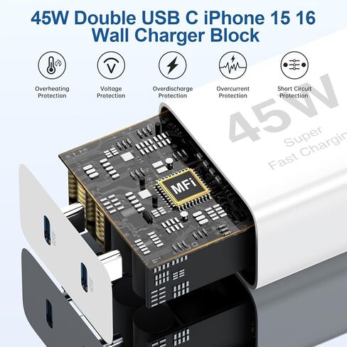 iPhone 17 16 15 Charger Fast Charging ، 45W Dural Port Clock USBC Charger مع سلك كبل طويل من نوع C من Apple iPhone 17 Pro Max/17 Air/16 Pro/16 Pro Max/15 Plus/15 Pro/iPad Pro Pluge Cube in Kuwait