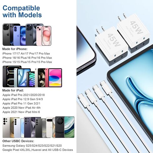 iPhone 17 16 15 Charger Fast Charging ، 45W Dural Port Clock USBC Charger مع سلك كبل طويل من نوع C من Apple iPhone 17 Pro Max/17 Air/16 Pro/16 Pro Max/15 Plus/15 Pro/iPad Pro Pluge Cube in Kuwait