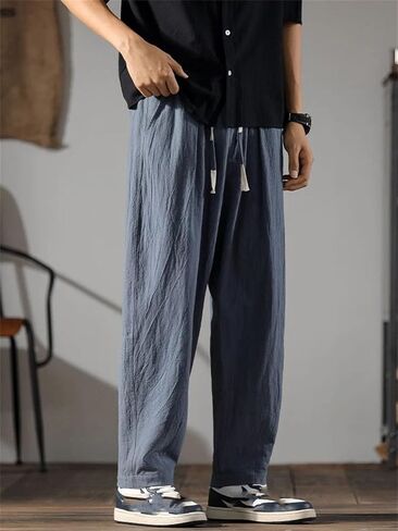 Men Summer Elastic Waist Straight Casual Ice Silk Male Wide Leg Loose Sweatpants in Saudi Arabia