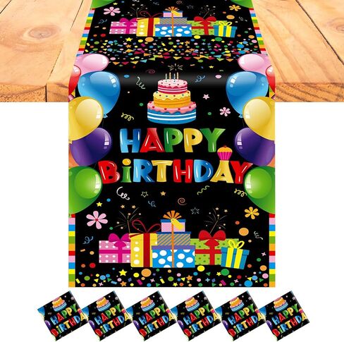 6 Pcs Plastic Happy Birthday Table Runners 14 x 108 inch Disposable Colorful Party Table Runner for Birthday Party Supplies Home Kitchen Decorations(Black and Gold) in Saudi Arabia
