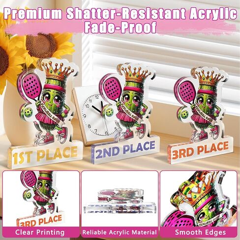 ترقية 3 قطع Pickleball Trophy مضحكة للفتيات، ميداليات Pickleball الأولى والثانية والثالثة، جائزة بطولة كرة المخلل الأكريليك للفتيات في مسابقات Pickle Baller in Kuwait