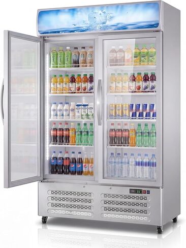 ثلاجة GAOMON Commercial Merchandiser - مبرد مشروبات سعة 25.3 قدم مكعب مع أبواب زجاجية وصندوق إضاءة LED وعجلات عالمية للمتاجر والحانات باللون الأسود in Saudi Arabia