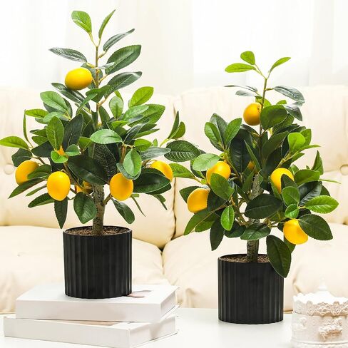 Giegxin 2 Pcs Artificial Lemon Tree 15.7 Inches Fake Artificial Potted Plants Faux Lemon Citrus Tree with Pot Faux Plants Indoor for Home Kitchen Office Living Room Table Desk (White Pot) in Saudi Arabia