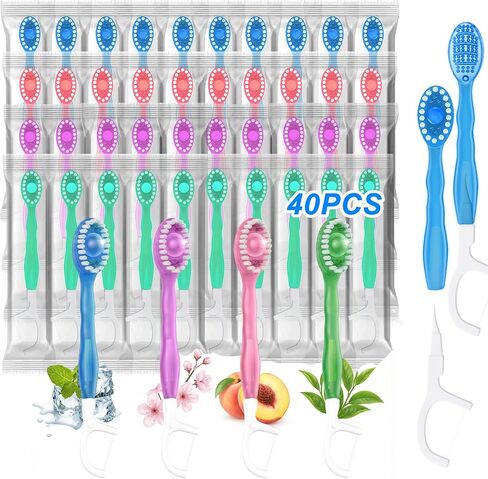 40 Pack 5-in-1 Disposable Toothbrushes with Toothpaste, Travel Toothbrush Set with Floss, Pick & Tongue Scraper, Individually Wrapped Mini Toothbrush for Adults, Work Camping - Mixed Flavor in Saudi Arabia