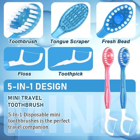40 Pack 5-in-1 Disposable Toothbrushes with Toothpaste, Travel Toothbrush Set with Floss, Pick & Tongue Scraper, Individually Wrapped Mini Toothbrush for Adults, Work Camping - Mixed Flavor in Saudi Arabia