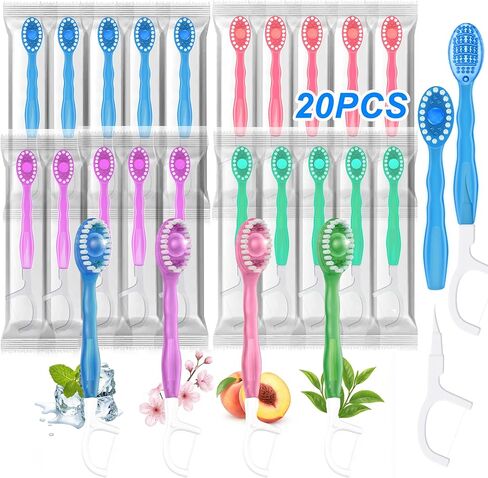40 Pack 5-in-1 Disposable Toothbrushes with Toothpaste, Travel Toothbrush Set with Floss, Pick & Tongue Scraper, Individually Wrapped Mini Toothbrush for Adults, Work Camping - Mixed Flavor in Saudi Arabia