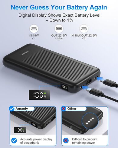 2-pack 10000mah Bank Power Charging ، 22.5W شاحن محمول USB C المدمج مع 2 مخرجات ومدخلتين ، حزمة بطارية عرض LED متوافقة مع أجهزة iPhone Samsung iPad ، Black & Black in Kuwait