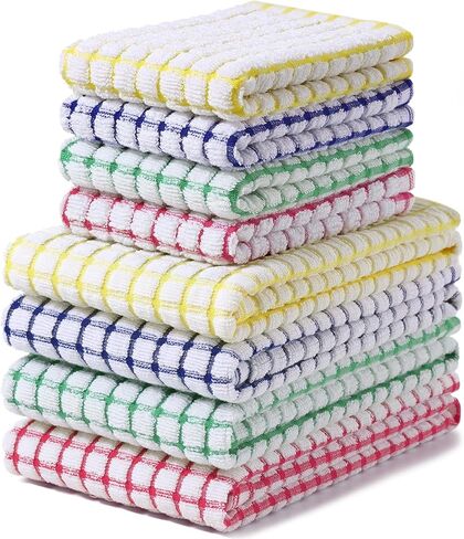 Homaxy Kitchen Towels and Dishcloths Set, 16 x 25 and 12 x 12 Inches, Set of 8 Cotton Terry Kitchen Dish Towels, Super Soft and Absorbent Dish Cloths, Blue/Yellow/Red/Green in Kuwait