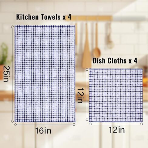 Homaxy Kitchen Towels and Dishcloths Set, 16 x 25 and 12 x 12 Inches, Set of 8 Cotton Terry Kitchen Dish Towels, Super Soft and Absorbent Dish Cloths, Blue/Yellow/Red/Green in Kuwait