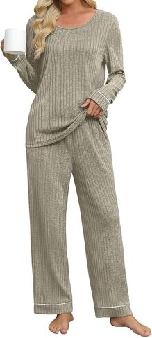 Womens Pajama Set 2 Piece Long Sleeve Ribbed Lounge Sleepwear Matching Set Pjs Outfit with Pockets in Saudi Arabia