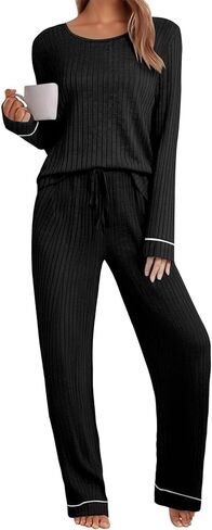 Womens Pajama Set 2 Piece Long Sleeve Ribbed Lounge Sleepwear Matching Set Pjs Outfit with Pockets in Kuwait