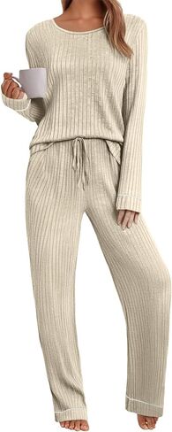 Womens Pajama Set 2 Piece Long Sleeve Ribbed Lounge Sleepwear Matching Set Pjs Outfit with Pockets in Saudi Arabia