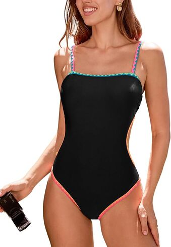 CUPSHE Women's One Piece Swimsuit Sexy Color Block Square Neck Bathing Suit Cutout Back Self tie Adjustable Straps in Saudi Arabia