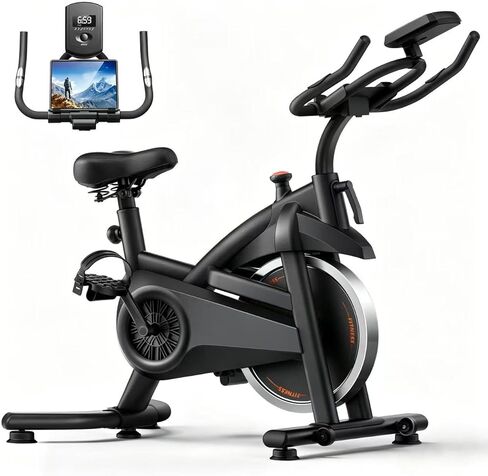 دراجة تمرين CURSOR FITNESS، دراجة تمرين ثابتة للمنزل مع محرك حزام صامت، دراجة ركوب الدراجات في الأماكن المغلقة مع مقعد مريح إضافي/جهاز لوحي وحامل زجاجة، سعة 300 رطل in Kuwait