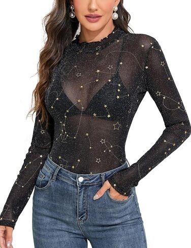 YYA شبكة علوية للنساء كم طويل وهمية الرقبة شبكة قميص سباركلي فضي شفاف تي شيرت شفاف للحزب S-XXL in Kuwait