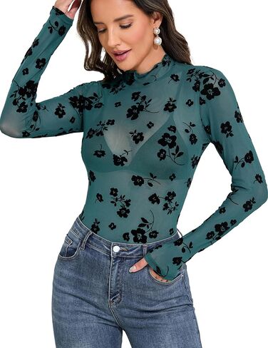 YYA شبكة علوية للنساء كم طويل وهمية الرقبة شبكة قميص سباركلي فضي شفاف تي شيرت شفاف للحزب S-XXL in Kuwait
