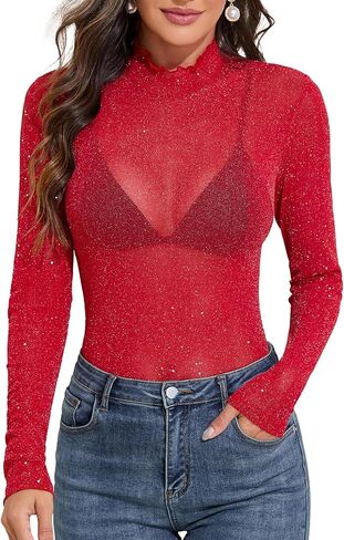 YYA شبكة علوية للنساء كم طويل وهمية الرقبة شبكة قميص سباركلي فضي شفاف تي شيرت شفاف للحزب S-XXL in Kuwait