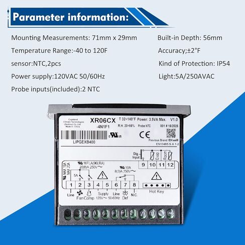لجهاز التحكم في درجة الحرارة Dixell XR06CX-4N1F1، مناسب للثلاجات/الفريزر التجارية 120 فولت 50-60 هرتز، لجهاز التحكم في درجة الحرارة Dixell مع مسبار المستشعر (4N1F1) in Saudi Arabia