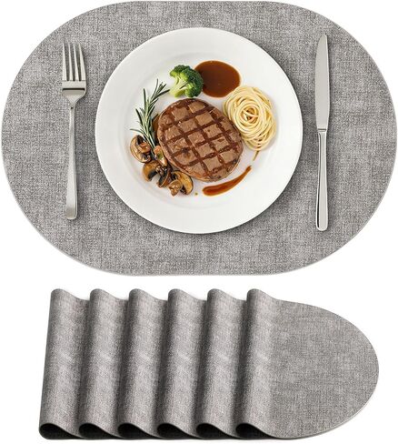 homing Placemats Set of 6, Heat Resistant Oval Faux Leather Place Mats 11.8 x 17 Inch, Waterproof Wipeable Reversible PU Placemat for Kitchen Dining Table, Indoor & Outdoor, Light Grey in Saudi Arabia