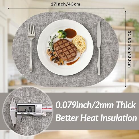 homing Placemats Set of 6, Heat Resistant Oval Faux Leather Place Mats 11.8 x 17 Inch, Waterproof Wipeable Reversible PU Placemat for Kitchen Dining Table, Indoor & Outdoor, Light Grey in Saudi Arabia