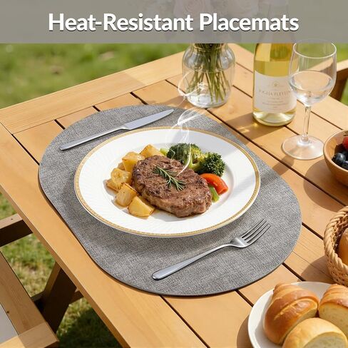homing Placemats Set of 6, Heat Resistant Oval Faux Leather Place Mats 11.8 x 17 Inch, Waterproof Wipeable Reversible PU Placemat for Kitchen Dining Table, Indoor & Outdoor, Light Grey in Saudi Arabia