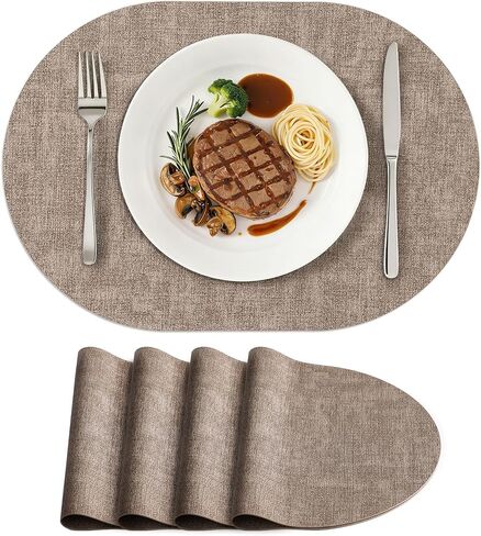 homing Placemats Set of 6, Heat Resistant Oval Faux Leather Place Mats 11.8 x 17 Inch, Waterproof Wipeable Reversible PU Placemat for Kitchen Dining Table, Indoor & Outdoor, Light Grey in Saudi Arabia