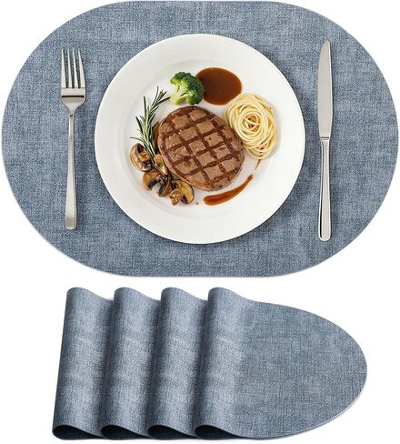 homing Placemats Set of 6, Heat Resistant Oval Faux Leather Place Mats 11.8 x 17 Inch, Waterproof Wipeable Reversible PU Placemat for Kitchen Dining Table, Indoor & Outdoor, Light Grey in Saudi Arabia