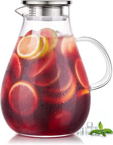 Glass Pitcher with Lid, 2 Liter 68oz Water Pitcher with Handle and Spout for Fridge, Borosilicate Glass for Iced Tea, Juice, Sangria, Cold/Hot Beverage, Large Jug in Saudi Arabia