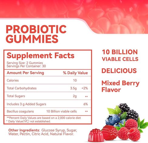Probiotic Gummies 10 Billion CFU, Bacillus Coagulans for Digestive & Immune Support, Vegan, Non-GMO, Strawberry & Mixed Berry Flavor, 60 Count in Saudi Arabia
