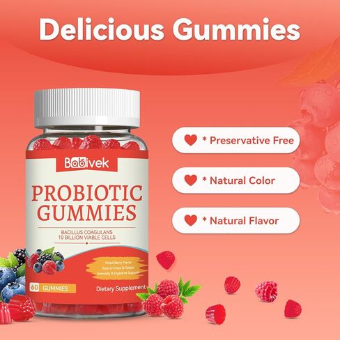 Probiotic Gummies 10 Billion CFU, Bacillus Coagulans for Digestive & Immune Support, Vegan, Non-GMO, Strawberry & Mixed Berry Flavor, 60 Count in Saudi Arabia