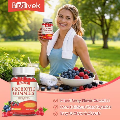 Probiotic Gummies 10 Billion CFU, Bacillus Coagulans for Digestive & Immune Support, Vegan, Non-GMO, Strawberry & Mixed Berry Flavor, 60 Count in Saudi Arabia