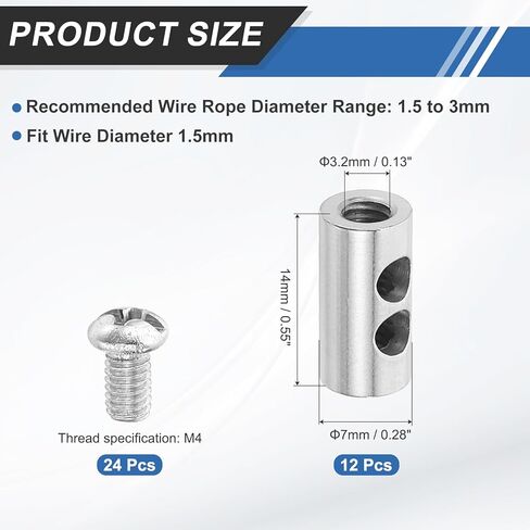 MECCANIXITY 12 قطعة 1/16 "-1/8" مشبك كابل سلك المشبك لكابل 1.5-3 مم، مشابك حبل سلك أسطوانة مزدوجة الفتحات مع سدادة براغي متقاطعة لإضاءة سلسلة إضاءة السقف الثريا in Saudi Arabia