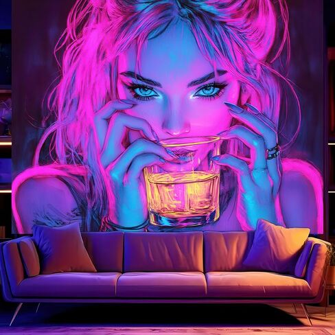 BlissYard Anime Girl Blacklight Tapestry Neon Drinking Girl Fluorescent Tapestry Blacklight Sexy Lady Glow In The Dark Art Wall Hanging Poster Room Bedroom Party Backdrop Decor 78x59 Inch in Saudi Arabia