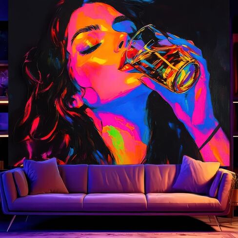 BlissYard Anime Girl Blacklight Tapestry Neon Drinking Girl Fluorescent Tapestry Blacklight Sexy Lady Glow In The Dark Art Wall Hanging Poster Room Bedroom Party Backdrop Decor 78x59 Inch in Saudi Arabia