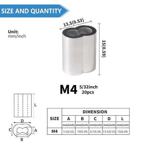 5/32 Inch Aluminum Crimping Loop Sleeve 5/32" 4MM Cable Ferrules Crimp Loops Sleeves for Wire Rope (Pack of 20Pcs) in Kuwait