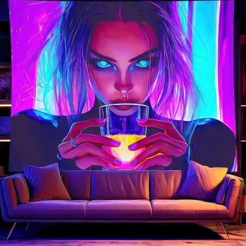 BlissYard Anime Girl Blacklight Tapestry Neon Drinking Girl Fluorescent Tapestry Blacklight Sexy Lady Glow In The Dark Art Wall Hanging Poster Room Bedroom Party Backdrop Decor 78x59 Inch in Saudi Arabia