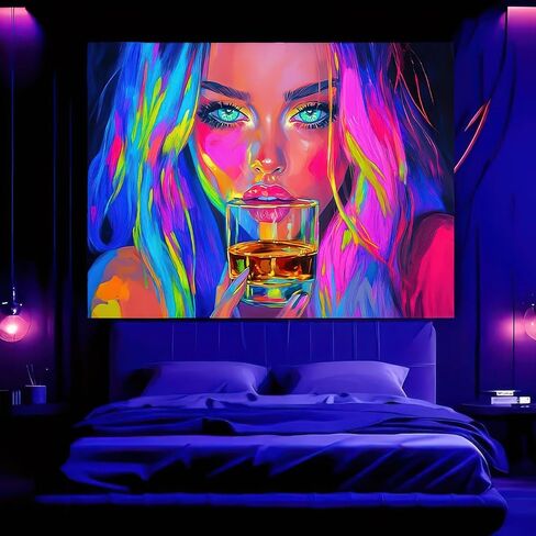BlissYard Anime Girl Blacklight Tapestry Neon Drinking Girl Fluorescent Tapestry Blacklight Sexy Lady Glow In The Dark Art Wall Hanging Poster Room Bedroom Party Backdrop Decor 78x59 Inch in Saudi Arabia