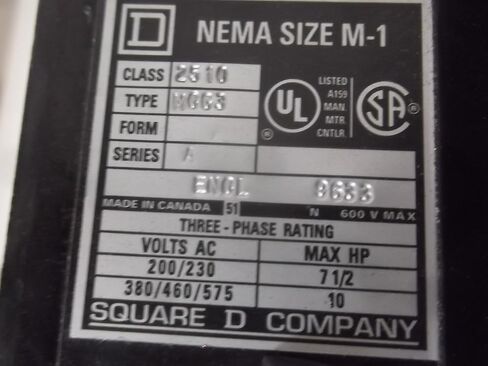 Square D Nema Size M1 Enclosed Starter 2510MCG3 600V 10HP Start Stop USED in Saudi Arabia