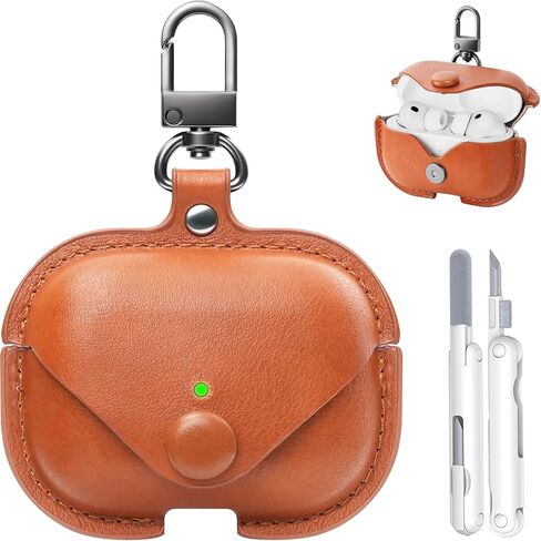 حالة جلدية لـ AirPods Pro 2 ، TNSNK for Airpods Pro 2 Cover مع مجموعة مفاتيح مجموعة من الأنظف ، وغطاء علبة سماعة رأس لاسلكية جلدية (بني) (بني) in Kuwait