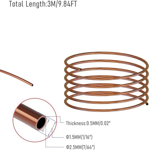 Copper Pipe Soft Coil Copper Tubing 7/64" OD x 1/16" ID x 9.84 Ft Length T2 Refrigeration Copper Tubing for Air Conditioners, Refrigerator, DIY Projects in Kuwait