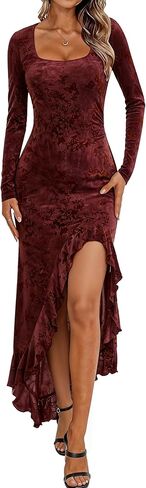 Women's Square Neck Long Sleeve Maxi Dress Floral Bodycon Dresses Print Side Split Dresses Elegant Formal Cocktail Dress in Saudi Arabia