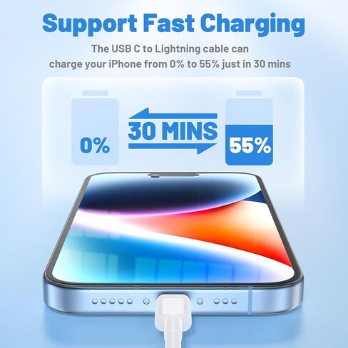 كابل USB C إلى Lightning 2 حزمة 6FT+10FT، [معتمد من Apple MFi] كابل شحن سريع iPhone، سلك شحن من النوع C لتوصيل الطاقة لهاتف iPhone 14 13 12 11 Pro Max/XS/Max/XR/8/7/6 Plus SE، iPad Air/Pro in Kuwait