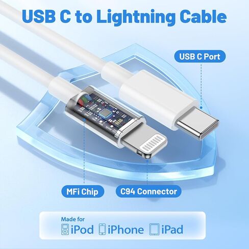 كابل USB C إلى Lightning 2 حزمة 6FT+10FT، [معتمد من Apple MFi] كابل شحن سريع iPhone، سلك شحن من النوع C لتوصيل الطاقة لهاتف iPhone 14 13 12 11 Pro Max/XS/Max/XR/8/7/6 Plus SE، iPad Air/Pro in Kuwait